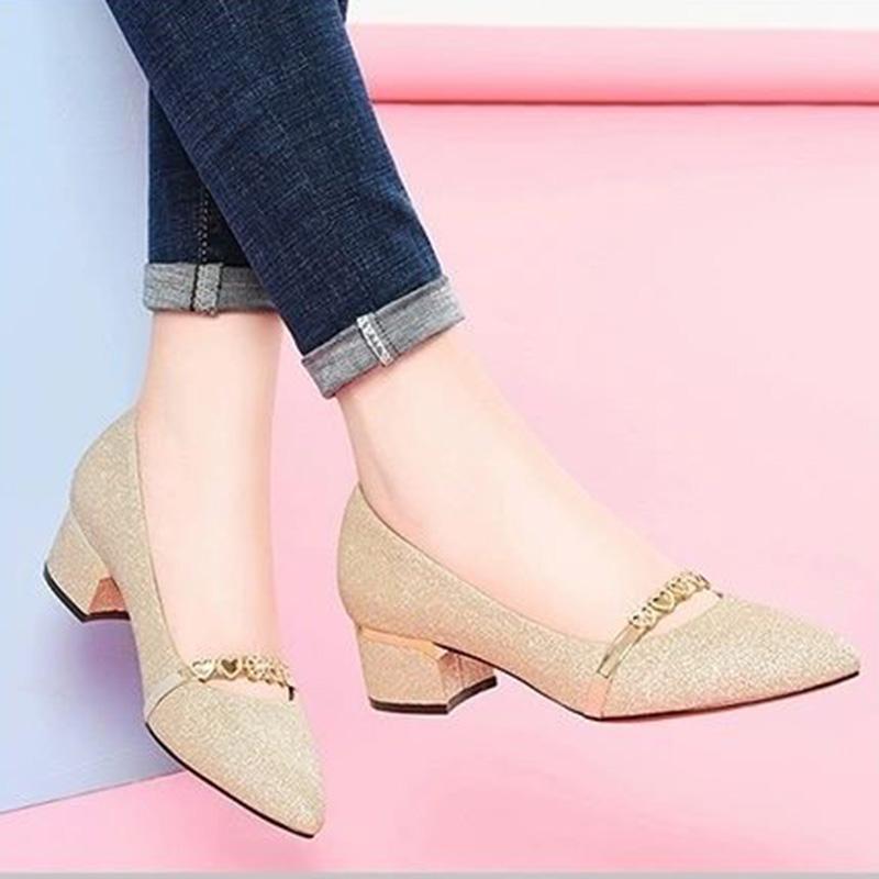 Spring and Autumn Korean Style All-match Single Shoes Pointed Toe Polished Yarn Fashion Ladies Rhinestone Mid-heel Thick Heel Casual Women's Shoes