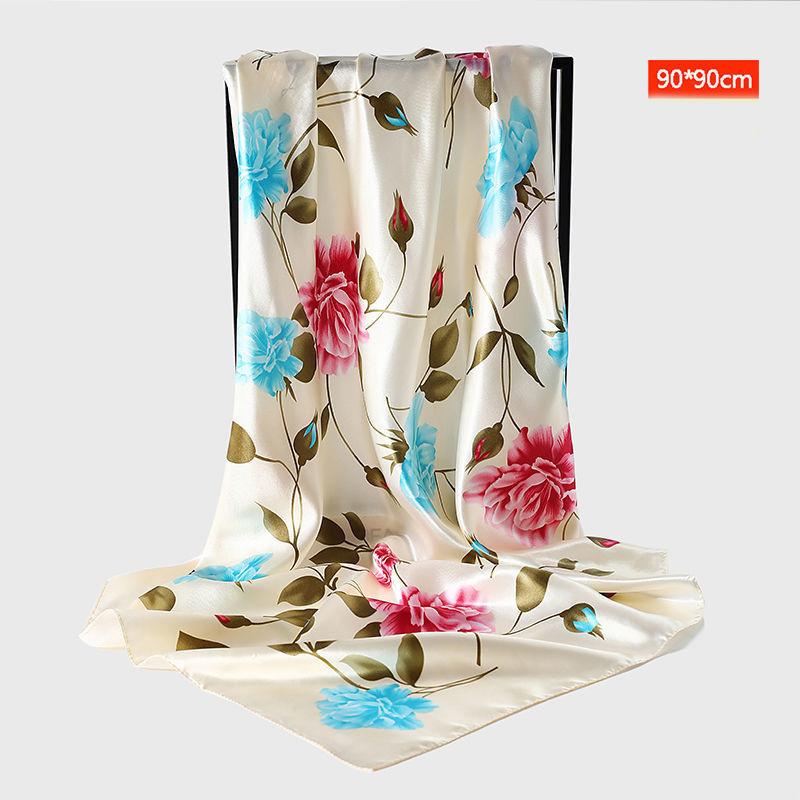 Women Elegant Scarf  Square Silk Imitation Satin Flower Scarf Wrap Shawl Sunscreen Gauze Shawl All-match Headscarf