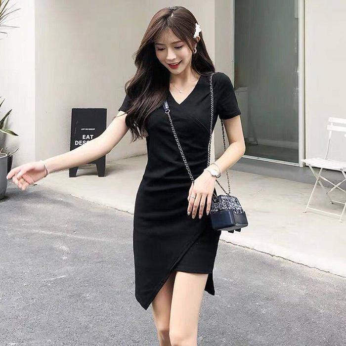 Pofulove Women Sexy Skinny Dress V-neck Bag Hip Short Sleeve Dress Over The Knee Irregular Dresses