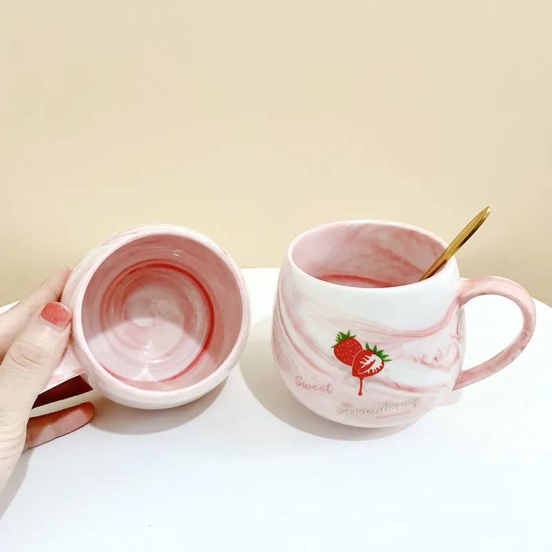 Creative Cartoon Ceramic Cup Female Student Dormitory Water Cup Cute Strawberry Mug Home Milk Breakfast Cup Spoon