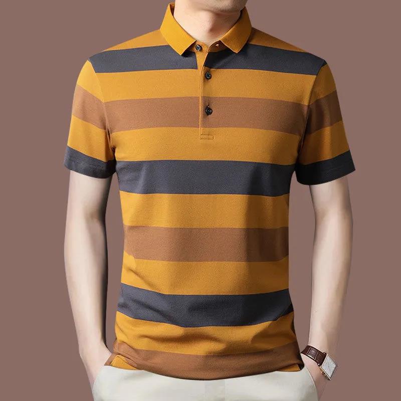 Men's Short Sleeve T-Shirt Lapel Striped POLO Shirt Buttoned Middle-aged Dad Top