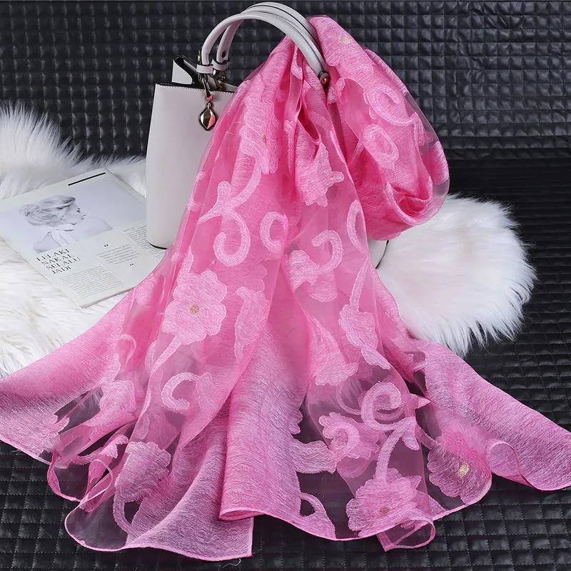 Women's Acrylic Linen Lace Silk Scarf Neck Conver Korean Scarves Long Gauze Scarf Pure Color Auspicious Cloud Embroidery Cut Flower High Quality Shawl