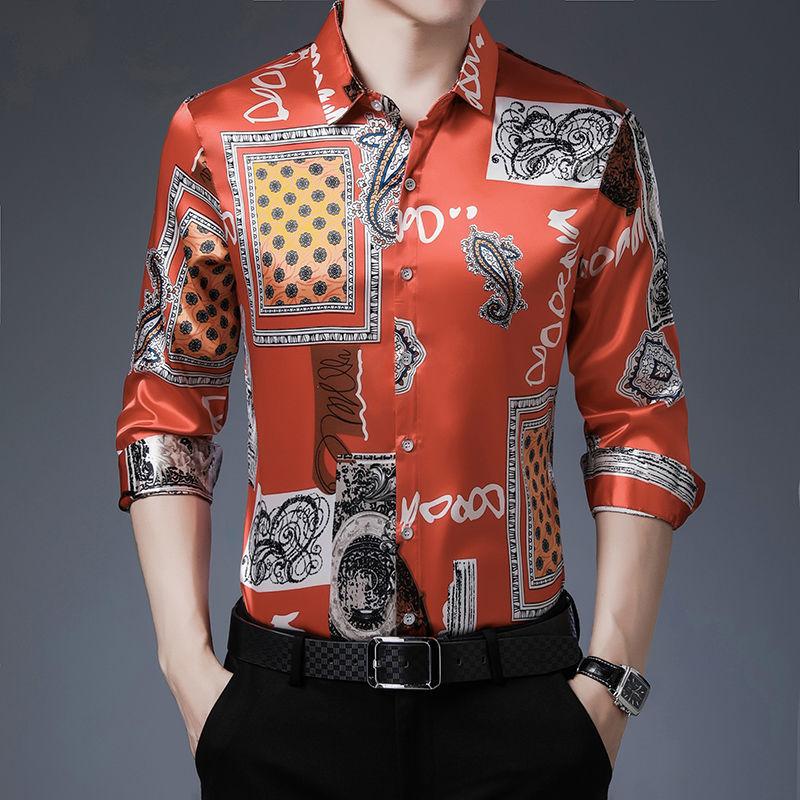 High-end Printed Mulberry Silk Men's Shirt Loose Business Casual Long-sleeved Handsome Shirt