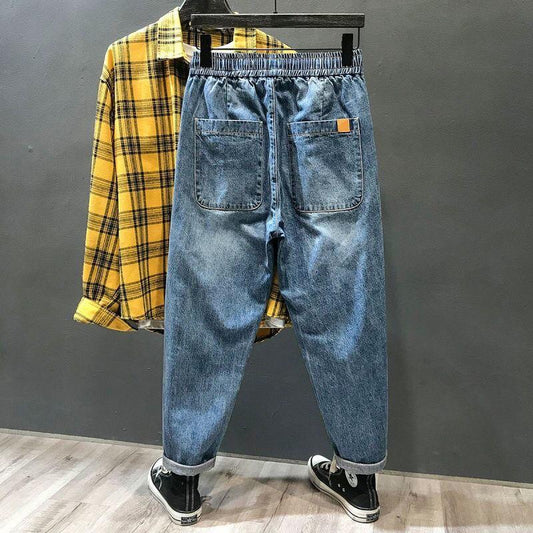 Elastic Waist Jeans Men's Summer Straight Loose Pants Trendy Belted Men's Cropped Trousers