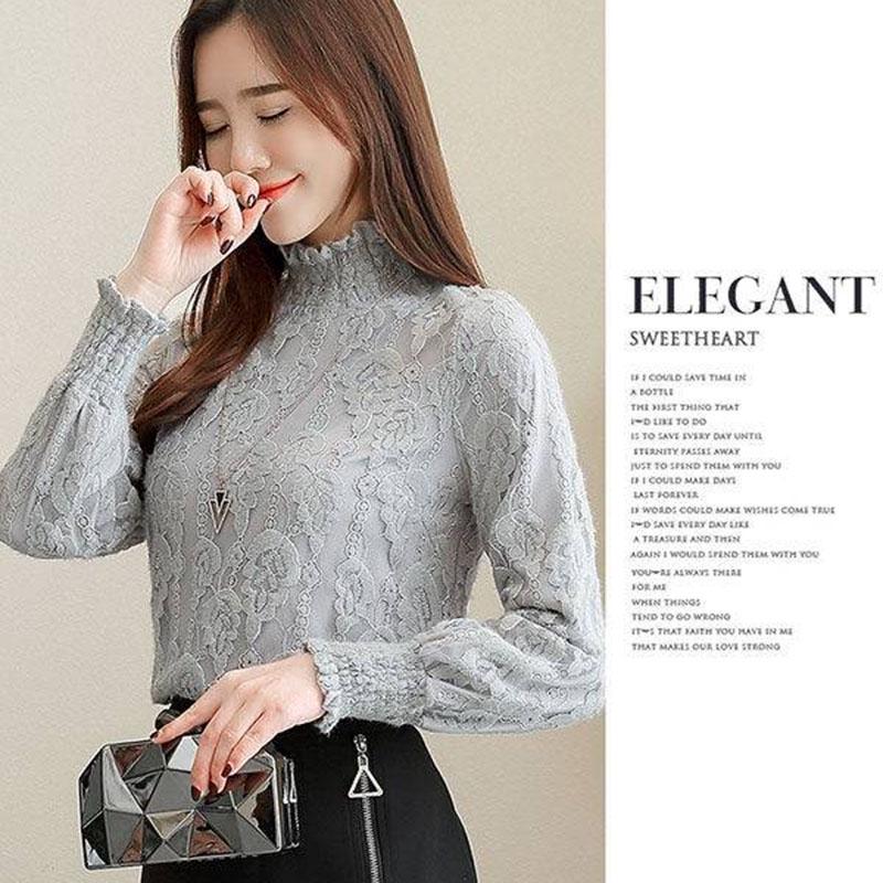 Pofulove women's Velvet turtleneck Pullover thick autumn winter warm Lace korean Style sweater