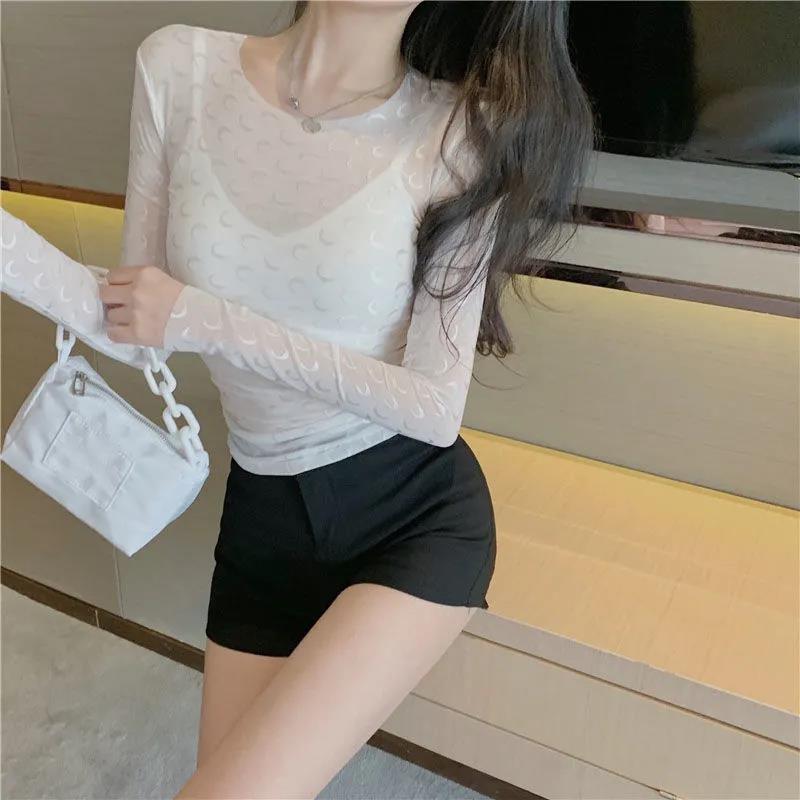 Women Sexy Harajuku Mesh Tops Long Sleeve See Through T Shirt Transparent Moon Print T-shirt Slim Basic Pullover