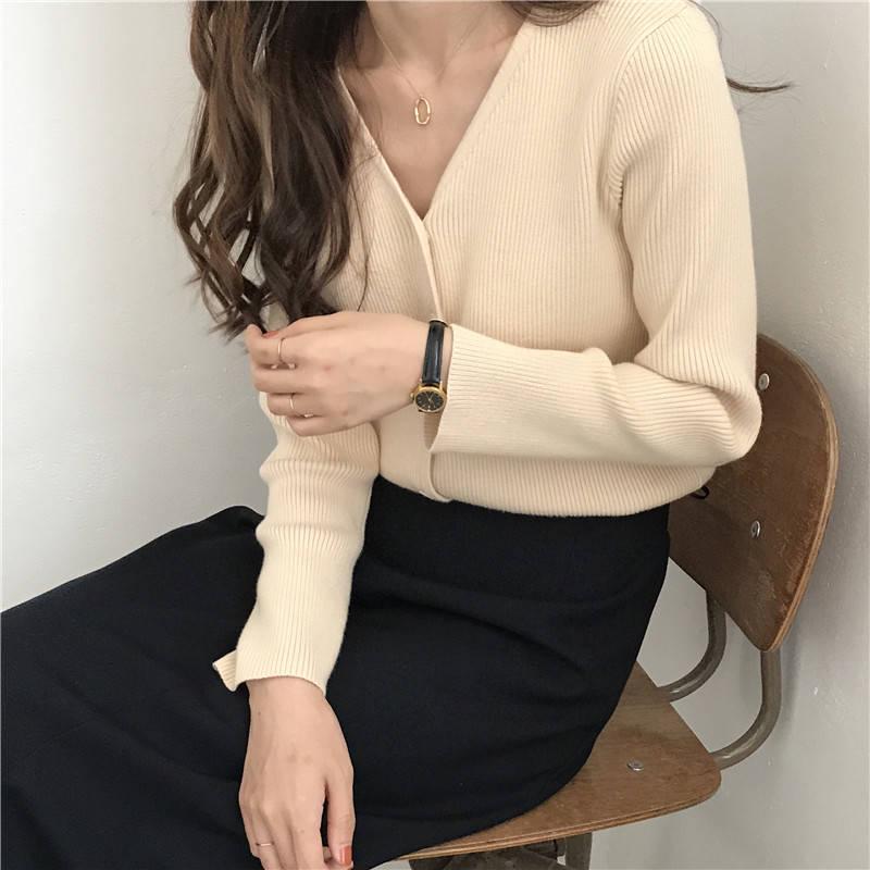 Autumn New Solid Color Inside Knit Cardigan Jacket Women's Loose Wild Long Sleeve V-neck Shirt