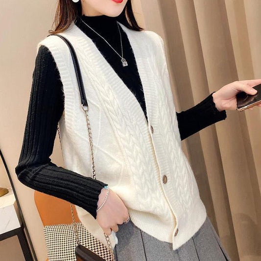 Autumn and Winter Solid Color Vest V-neck Knitted Waistcoat Loose Button Coat All-match