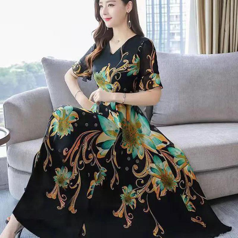 Women's Slim A-line Skirt Summer Short Sleeve Long Floral Large Size Dress