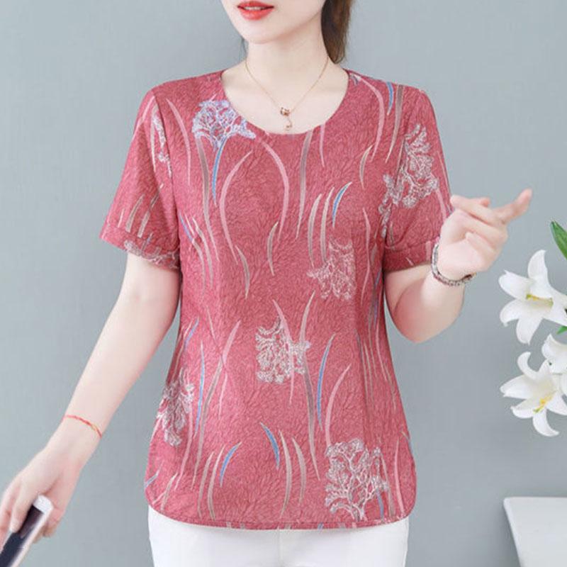 Women Thin Gauze Shirt Flower Print T-shirt Summer Short Sleeve Shirt Casual Tunic Pullover