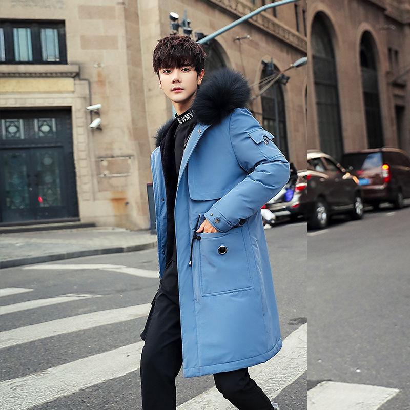 Winter Padded Jacket Men's Plus Velvet Thick Mid-length Korean Style Loose Hooded Big Fur Collar Padded Jacket Parka Coat Trend