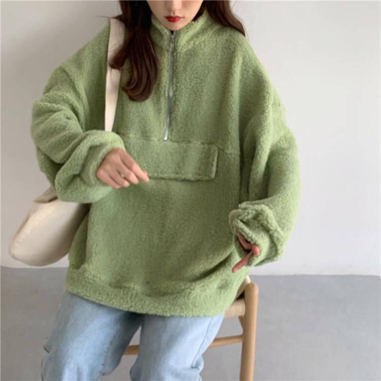 Half Zipper Stand-up Collar Padded Sweater Student Lazy Style Loose Coat Women