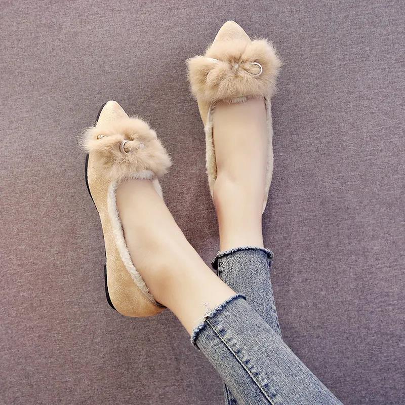 Temperament Plush Shoes Women Winter Moccasin Shoes All-match Autumn Flat Single Shoes Plus Velvet Pedal Peas Shoes