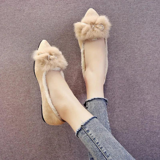 Temperament Plush Shoes Women Winter Moccasin Shoes All-match Autumn Flat Single Shoes Plus Velvet Pedal Peas Shoes