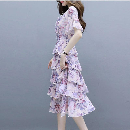 Pofulove Bohemian summer floral chiffon dress flared sleeves V-neck layered dress Ruffled dress