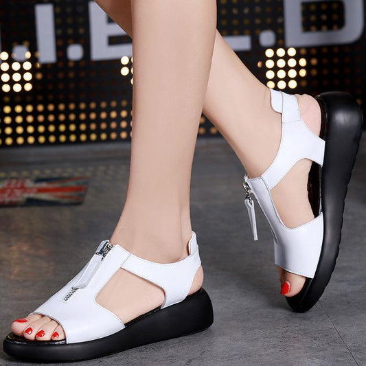 Plus Size 35-40 Summer Women Outdoor Black Leather Rome Flat High Heels Bohemian Beach Shoes Non-slip Office Lady Sandals