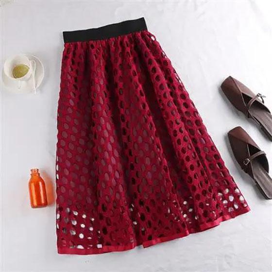 Female High Waiste A-line Versatile Pompous Skirt Circle Cut-out Lace Medium Length Slim Elegant Streetwear Skirt