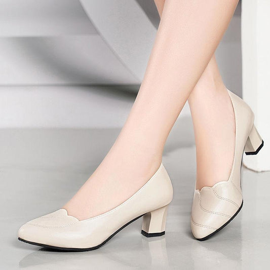 Comfortable Soft Leather Work Shoes, Soft Sole, Comfortable Mid-heel Four Seasons Single Shoes, Women's Thick-heeled Non-slip Leather Shoes