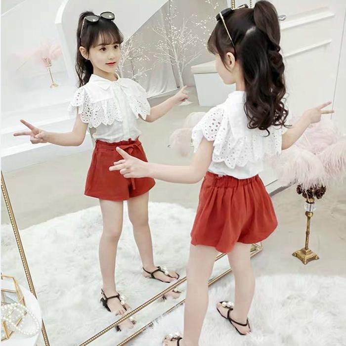 2PCS Children Clothing Set Spring Summer Girls Suits Lace Hollow Out Short Sleeve Tops + Pants Clothing Set