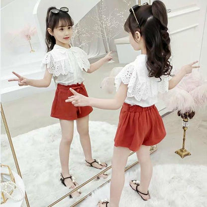 2PCS Children Clothing Set Spring Summer Girls Suits Lace Hollow Out Short Sleeve Tops + Pants Clothing Set