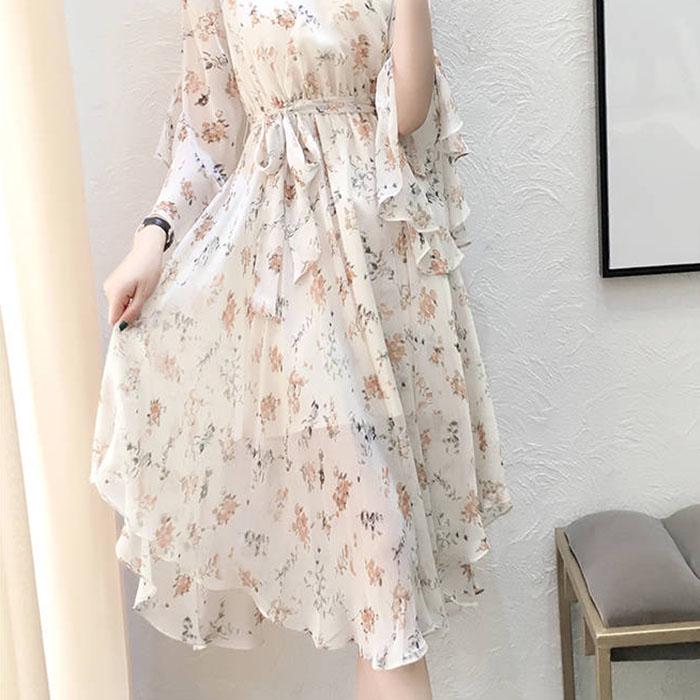 Pofulove M-4XL Women Summer Floral Chiffon Dress Slim Short-sleeved V-neck A-line Beach Dresses