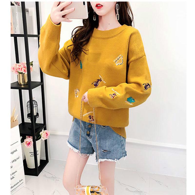 Casual Embroidery Sweater Women Loose Round Neck Pullover Sweater Thickened Warm Knitwear Jumper Outwear