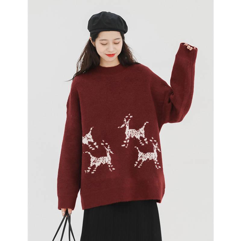 Pofulove Winter Vintage Thickened Loose Jacquard Knitted Sweater Women Were Thin Christmas Coat