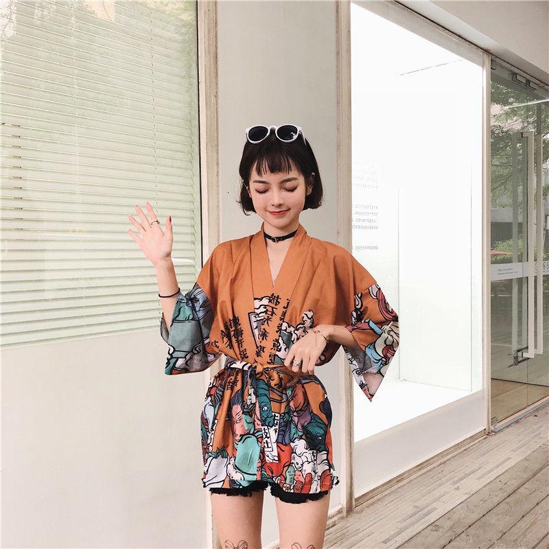 Comic Print  Cardigans Japanese Kimono Cardigan Woman Thin College Streetwear Sunscreen Clothes Kimono Coat