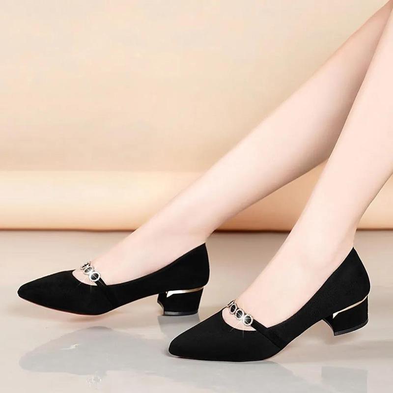 Spring and Autumn Korean Style All-match Single Shoes Pointed Toe Polished Yarn Fashion Ladies Rhinestone Mid-heel Thick Heel Casual Women's Shoes