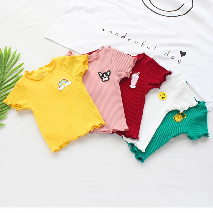 Summer Kids Cute Girls'  Thin T Shirt with Ruffle Stretch and Slim Embroidery Rainbow Smile Pineapple T Shirt