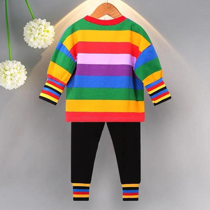 Girl's Suit Autumn Korean Version of The Baby Girl Rainbow Casual Suit Child Western Style Striped Two-piece Suit