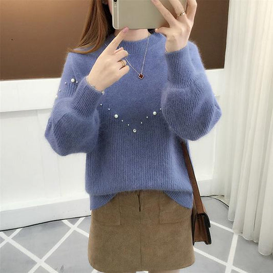 Half Turtleneck Beaded Sweater Autumn and Winter Thick Solid Color Bottoming Shirt Korean Loose Long-sleeved Sweater