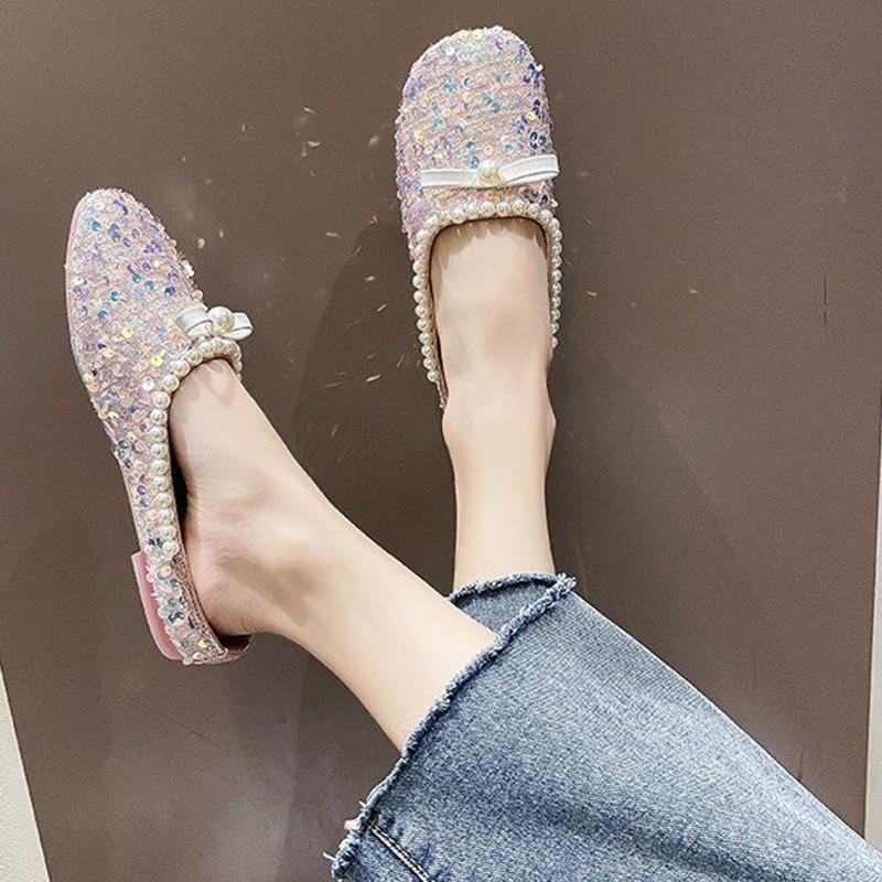 Sequined Baotou Half Slippers Women's Outer Wear Summer Shallow Mouth Women's Shoes Grandma Shoes Soft Sole Peas Shoes