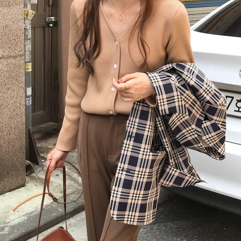 Autumn New Solid Color Inside Knit Cardigan Jacket Women's Loose Wild Long Sleeve V-neck Shirt