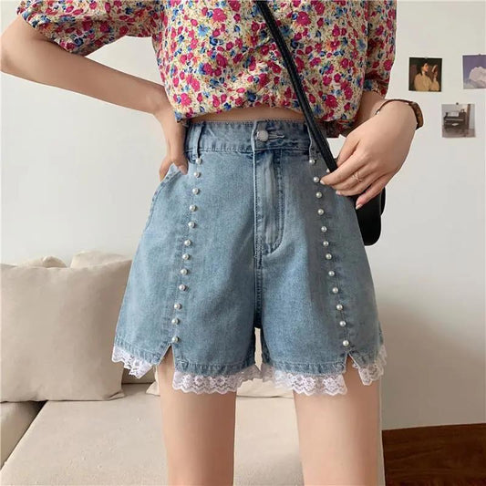 WTEMPO Lace Pearl High Waist Denim Shorts Women Student Loose Spring and Summer Wide Leg A-line Thin Casual Shorts