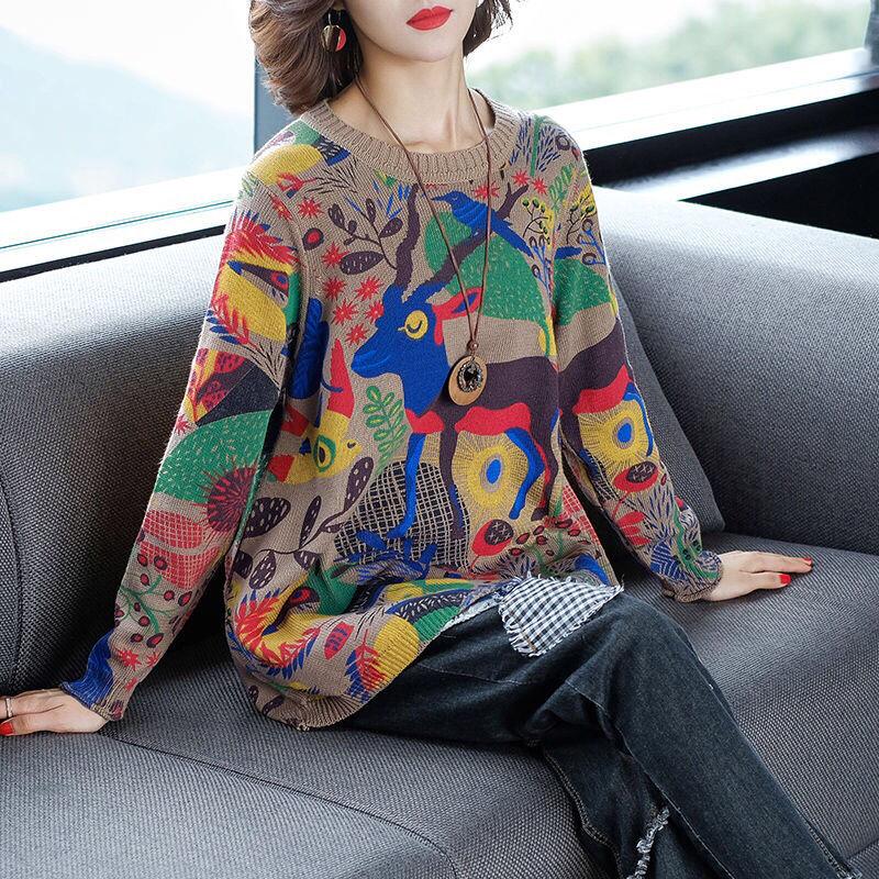 Bohemian Printed Sweater Female Soft Pullover Sweater Loose O-neck Jumper Knit Outwear