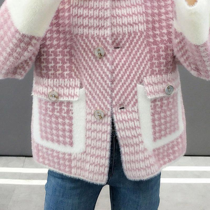 Autumn and Winter Korean Style Coat Loose Houndstooth Knitted Cardigan Lapel Long-sleeved Short Sweater