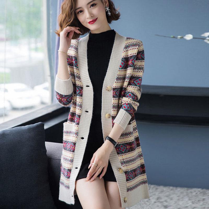 Autumn and Winter Long-sleeved Cardigan Sweater Loose-fitting Outer Wear Mid-length Jacket Jacquard Knitted Female Jacket