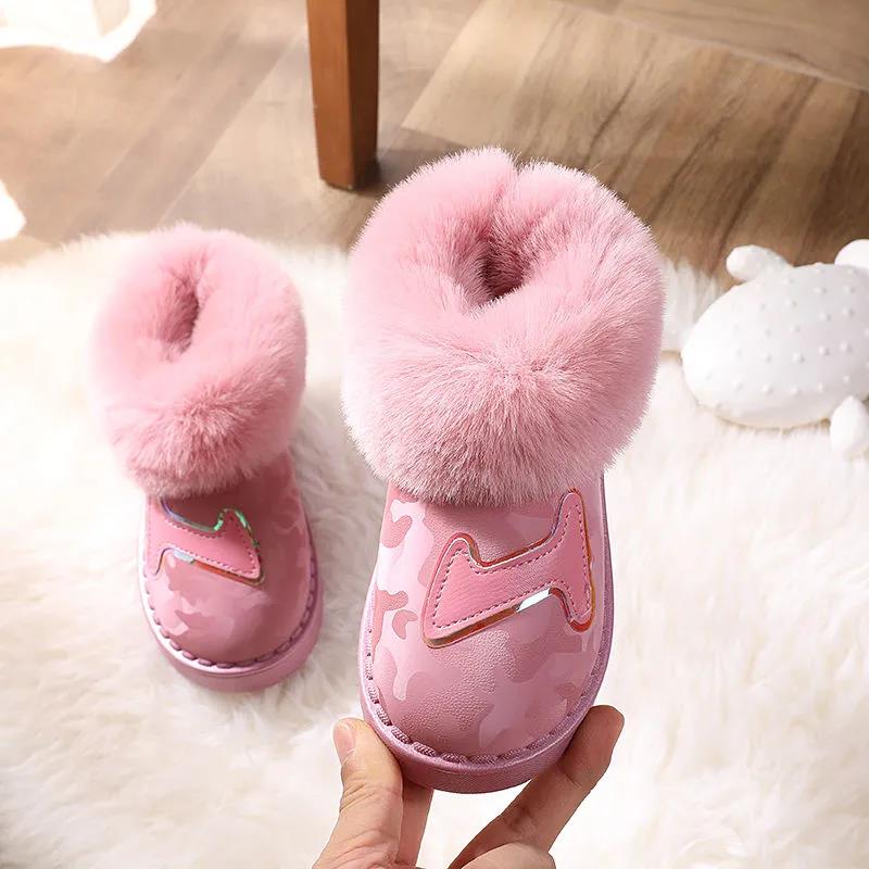 Children Winter Non Slip Large Size Snow Boots Thick Velvet Waterproof Leather Boots for Boys Girls