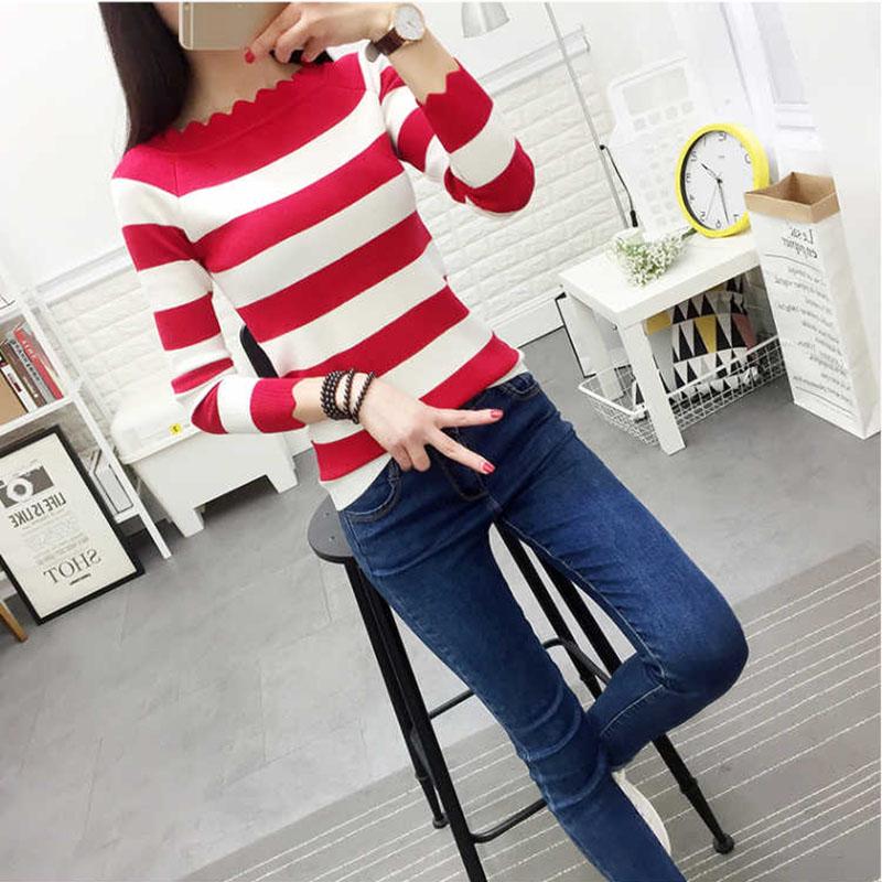 Autumn and Winter All-match Sweater Slim Short Bottoming Shirt Striped Pattern Young Women's Top