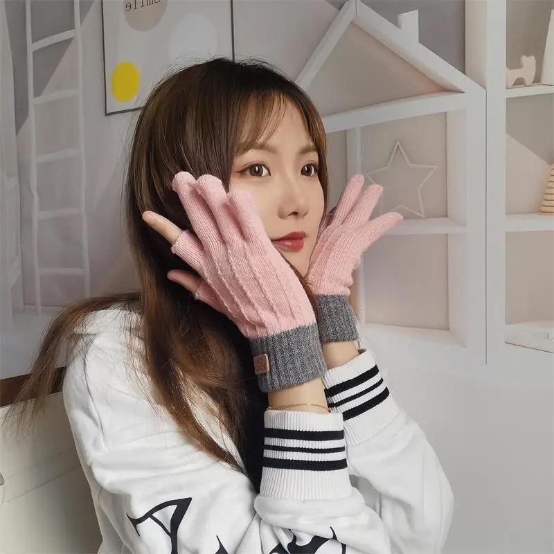 Women's Winter Gloves Warm Thick Touch Screen Half-finger Knitted Woolen Show Two Fingers Working Driving Office Gloves Fingerless Mittens