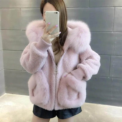 Autumn and Winter Models of Imitation Fox Fur Collar Sheep Shearing Fur Coat Women's Fall and Winter Hooded Short Wool Coat