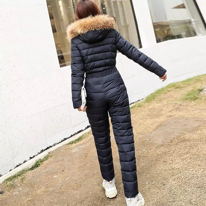 One Piece Ski Suit Women Jackets Winter Fur Collar Hooded Parka Jumpsuit Cotton Bodysuit Sashes Jumpsuits Outdoor Snowboard Jacket Skiing Pant Sets