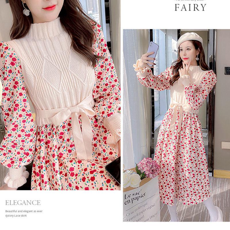 Autumn  Winter Corduroy Dress Women's Knitted Stitching Long-sleeved Long Floral Dress Sweet A-line Dress with Belt