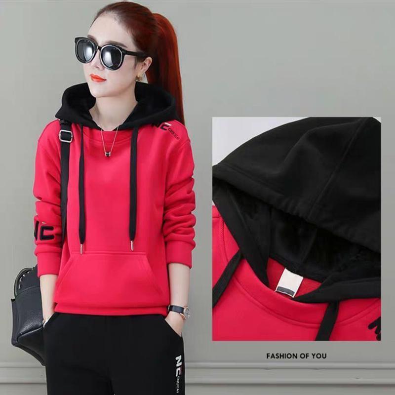 Plus Velvet Thickened Leisure Sports Suit Women Loose Hooded Hoodie Two-piece Fabric Breathable Warmth and Comfort