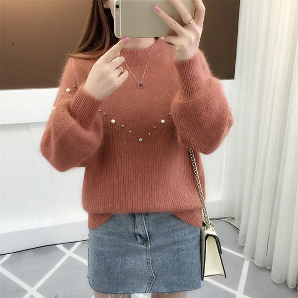 Half Turtleneck Beaded Sweater Autumn and Winter Thick Solid Color Bottoming Shirt Korean Loose Long-sleeved Sweater