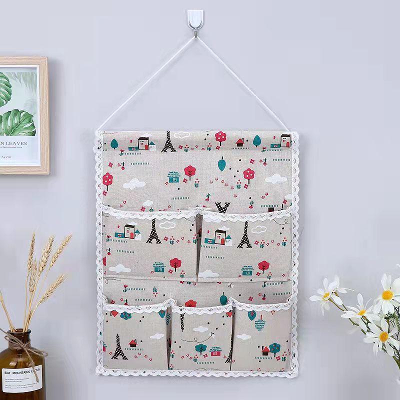 5 Pockets Hanging Bag on The Wall Behind The Door Cotton and Linen Storage Bag Wardrobe Multi-layer Sundries Storage Bag Family Organizer