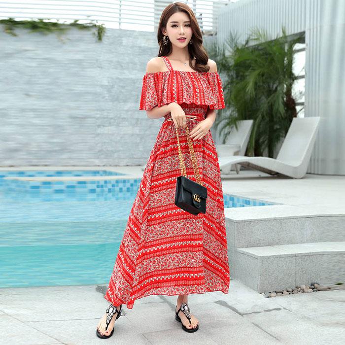 Pofulove Women Sexy Off Shoulder Strap Dress Mid-length A-line Sun-dresses Bohemian Beach Dress