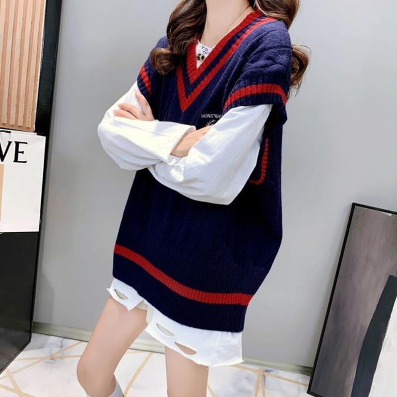 Spring and Autumn V-neck Sleeveless Sweater Vest Girl Student Loose College Style Knitted Vest Top