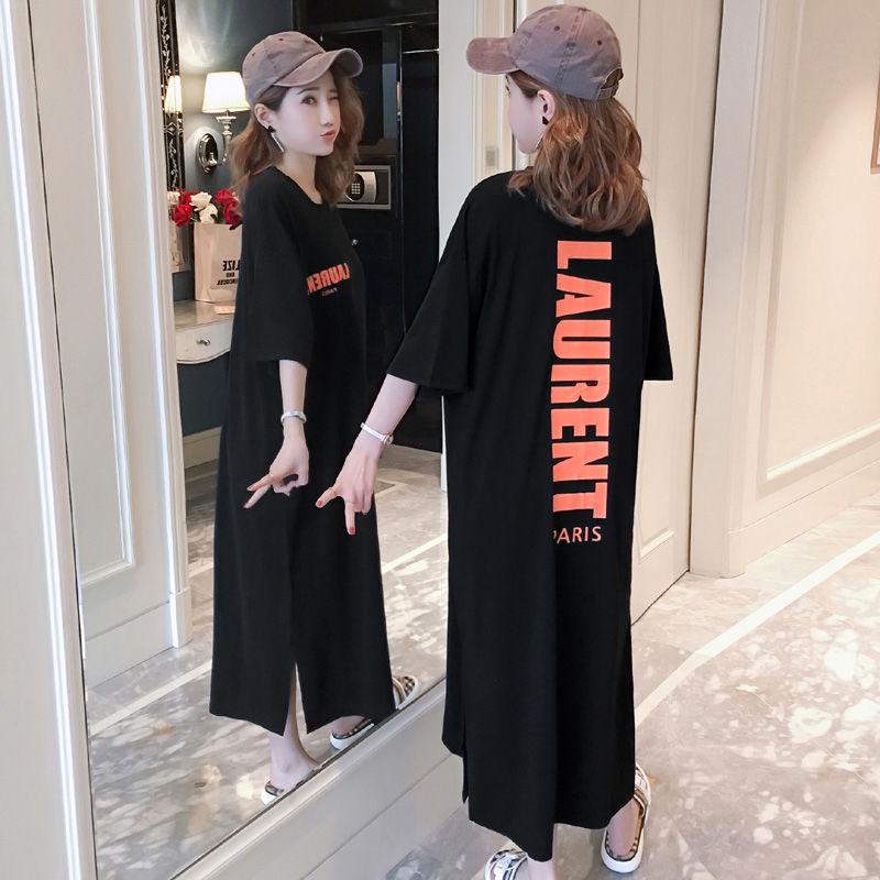 Women Dress Girl Loose O-Neck Batwing Sleeve Cotton Casual T-shirt Dress Long Style Vestido